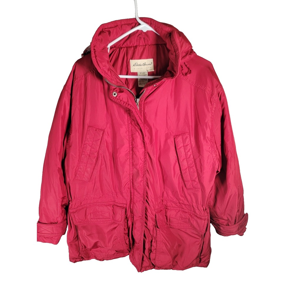 Vintage Eddie Bauer Goose Down Parka Jacket Womens L Red Puffer Hooded Coat 90s